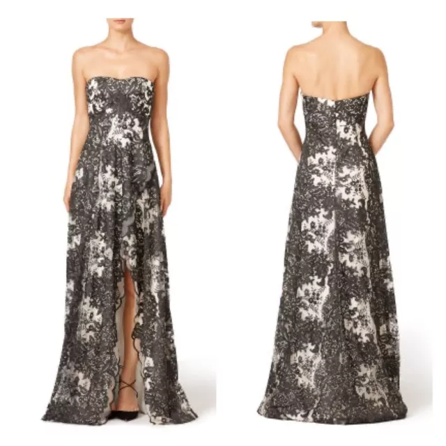 MARCHESA NOTTE Smoked Ivy white black lace strapless formal gown maxi dress 4