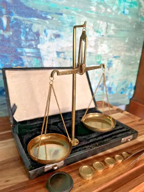 Nautical Brass Antique Jewellery Balance Scale with Velvet Box & Complete Weight