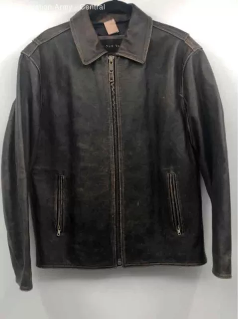 Marc New York Mens Brown Leather Long Sleeve Collared Biker Jacket Size Medium