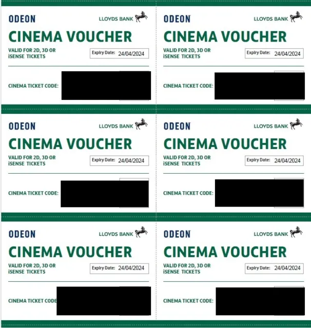 6 x Club Lloyds Odeon Cinema Tickets for iSense 2D 3D Films - Expiry 24/04/2024