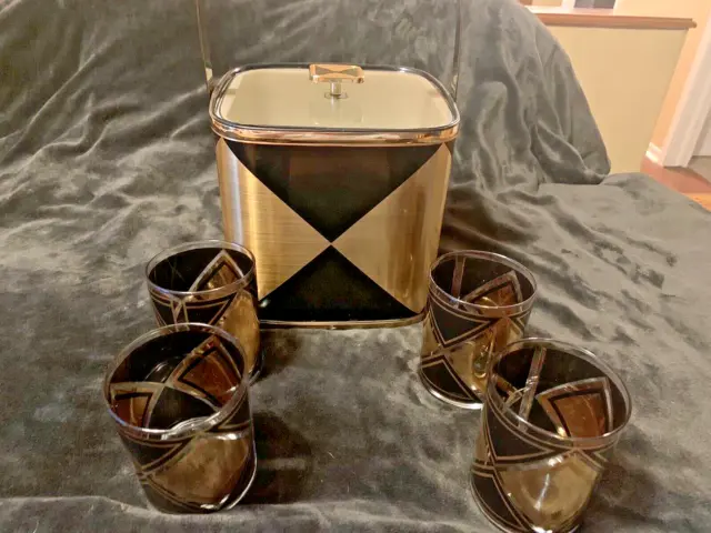 Vintage Culver MCM ICE BUCKET Chrome Black Gold With 4 Drink Glasses