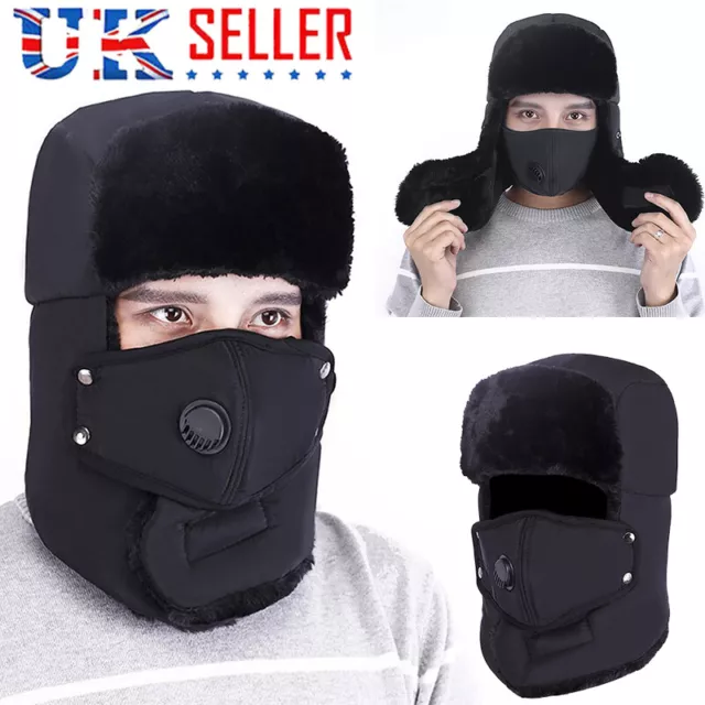 Mens Winter Earflap Warm Russian Face Mask Ski Cap Outdoor Aviator Trapper Hat