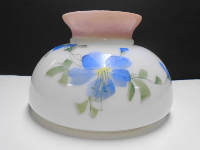 Vintage Milk Glass Hurricane Oil Lamp Shade with Hand Painted Flowers 7" Fitter