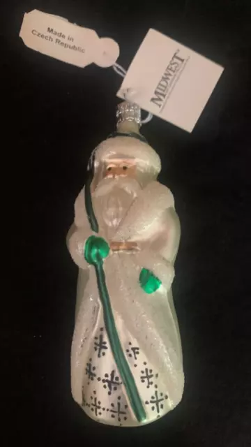 Vintage Pam Schifferl Blown Glass White Coat Santa Midwest Ornament 4-1/2"