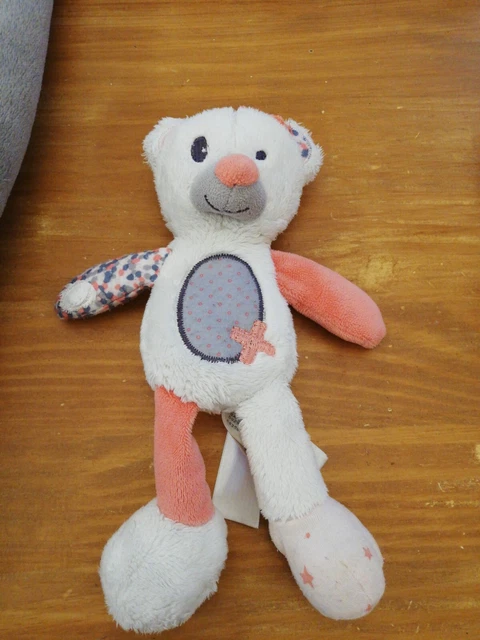 Doudou Peluche Tape À L'œil Oeil TAO Chat Ours Blanc Rose Croix Cocard