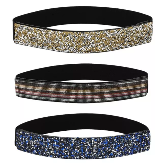 Women Stylish Shiny Crystal Rhinestone Buckle Elastic 3.7cm Waist Belt Waistband