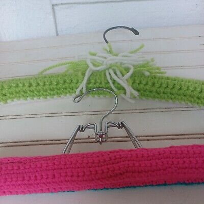 2 Vintage Old  Hand Crocheted / Knitted Wooden clothes hang Hangers Multicolor
