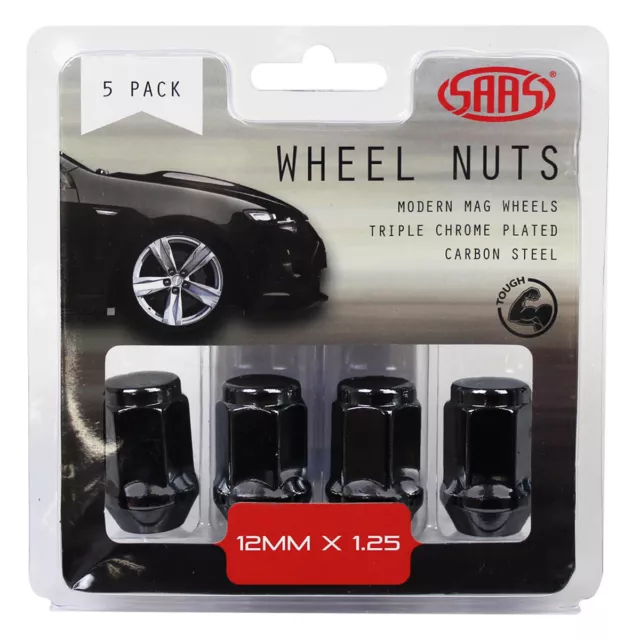 SAAS Wheel Nuts Flat Head Bulge 12 x 1.25 Black 35mm 5Pk 435955BC