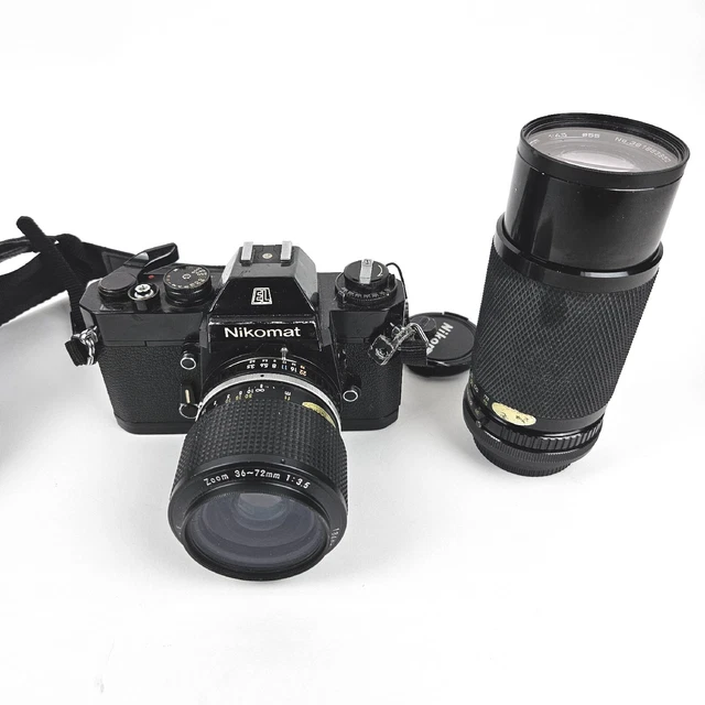 VINTAGE NIKON NIKOMAT FILM CAMERA w/ NIKON SERIES E 72MM F/3.5 & SOLIGOR