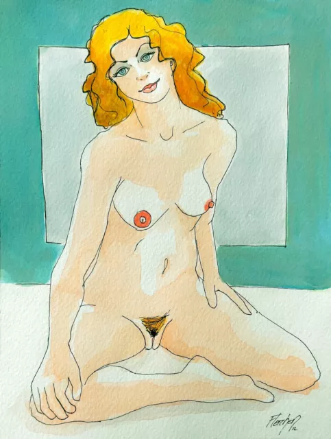 NUDE DRAWING Ink & Watercolor Drawing Beautiful Sitting Female Nude Posing