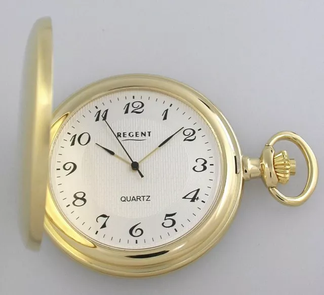 Gold Plated Regent P-23 Quartz Pocket Watch with Chain Good Readable