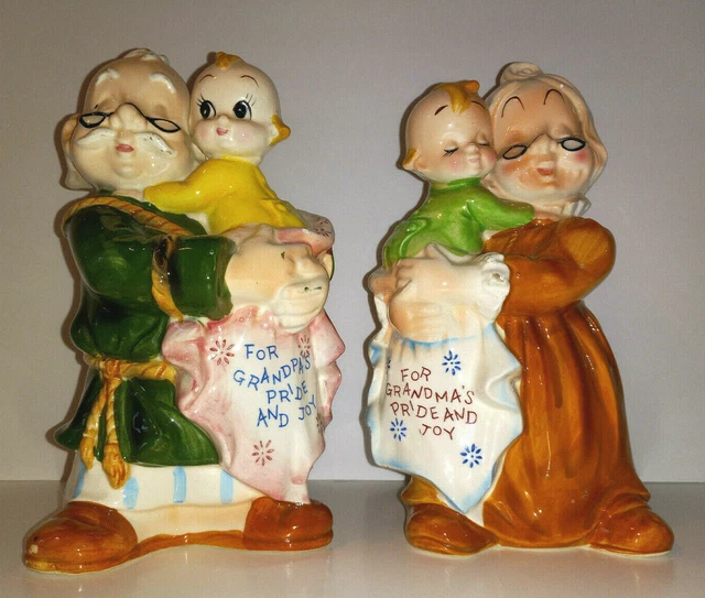 Vtg JAPAN Set of 2 Ceramic Banks FOR GRANDPA'S & GRANDMA'S PRIDE AND JOY 9" Tall