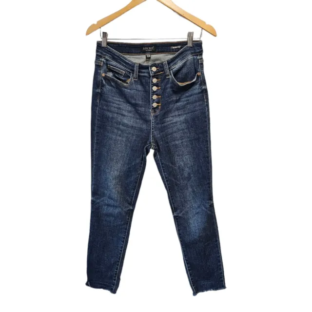 JUDY BLUE  Skinny Fit Button Fly Dark Wash Jeans Denim Size 7/28 Cropped Raw Hem