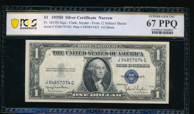 AC 1935D $1 Narrow Silver Certificate PCGS 67 PPQ J-G block  Fr 1613N