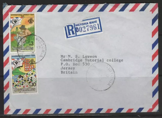 Seychelles Cover Victoria 06.10.1990 R-Cover to Jersey Literacy Year Literatur