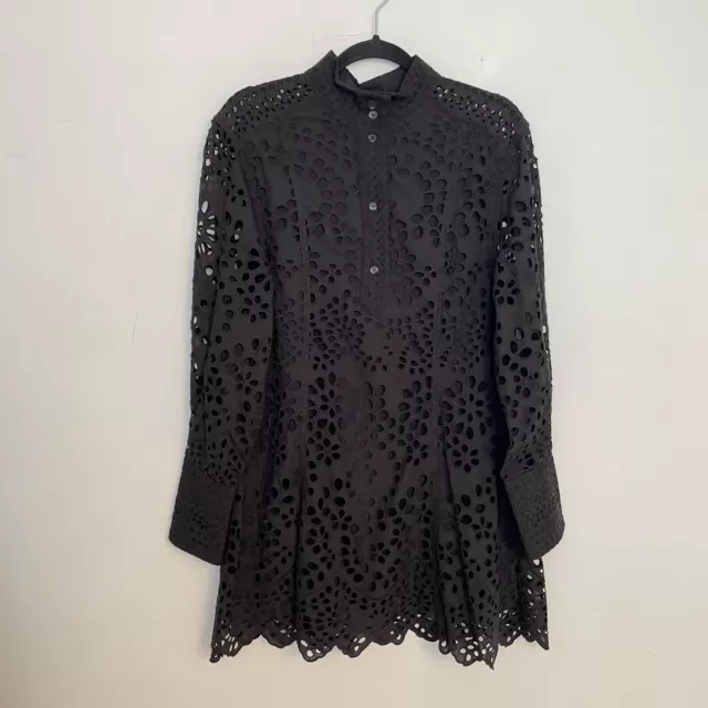 H&M Broderie Anglaise Dress Black Mini Short Sz Small S Lace High Collar Blogger