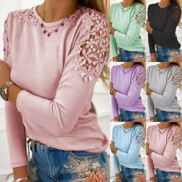 Womens Ladies Long Sleeve Lace Casual Tops Shirts Blouse Summer Tee Plus Size UK