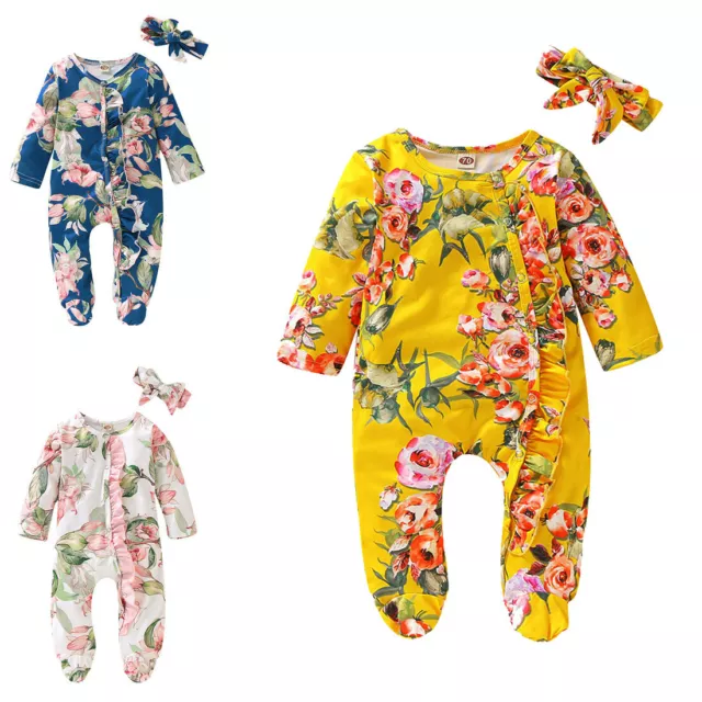 Infant Baby Girl Boy Romper Set Jumpsuit Set + Headband Hat Outfit Clothes 0~18M