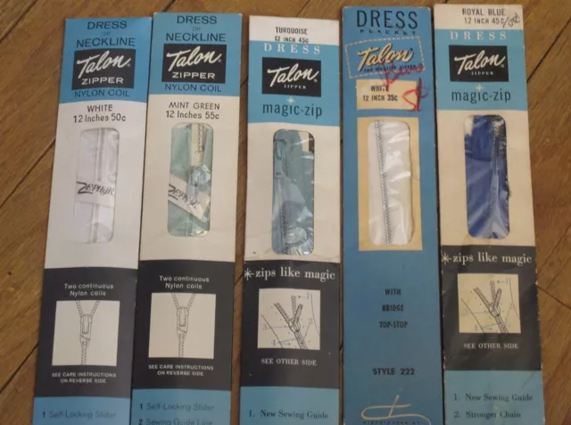 Vintage TALON ZIPPERS SIZE 12" ASSORTED COLORS LOT 5