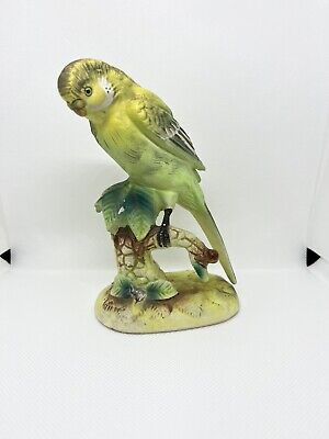 Parakeet Figurine on Branch Green Budgie Ceramic Porcelain Japan 6" Vintage