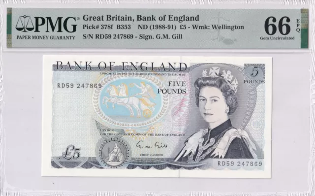 1988-91 Great Britain Bank of England 5 Pounds Pick#378f PMG 66 EPQ Gem UNC