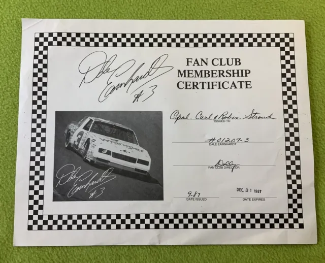 Vintage Signed Dale Earnhardt Sr. 1987 Fan Club  Membership Certificate #01207-3