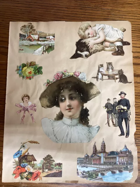 Página de libro de recortes troquelada de colección del siglo XIX con tarjetas victorianas y troquelados en ambos lados