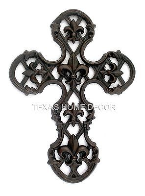 Fleur De Lis Wall Cross Cast Iron Rustic Lattice Ornate Old World Decor 11 x 8"