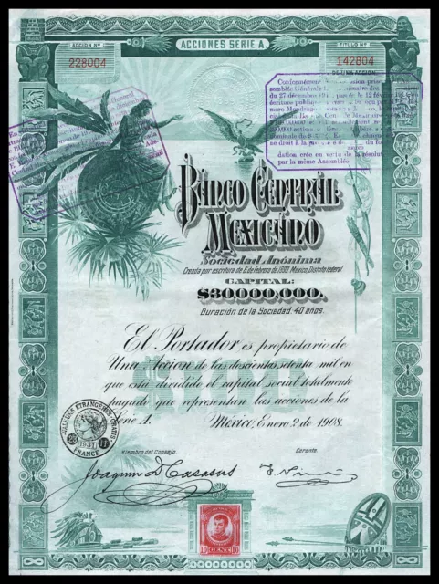 1908 Mexico: Banco Central Mexicano ("Blueberry") – uncancelled, with coupons