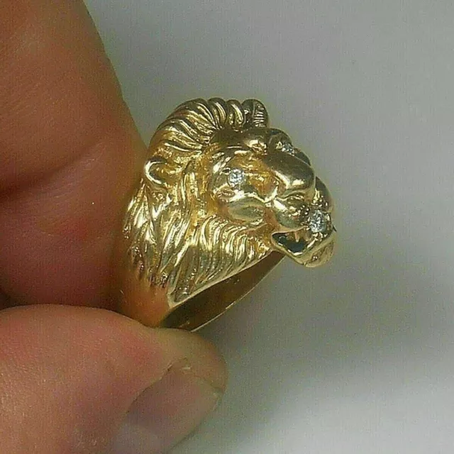 2.50Ct Round Real Moissanite Lion Head Men's Ring 14k Yellow Gold Finish