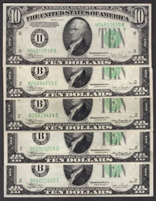 Lot of 5 1934 $10 Ten Dollar Bills Green Seal S489