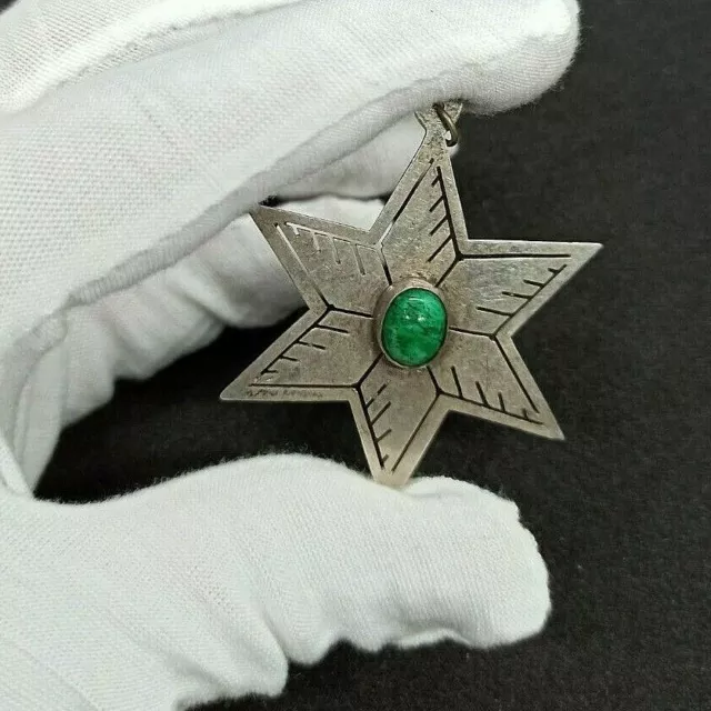 Vintage Estate Bethlehem Star Pendant Large Sterling Silver Green Gemstone Gift