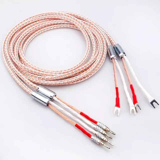 Pair Hi-End OCC Pure Copper HiFi Audio 8TC Speaker Cable with Banana Spade Plug