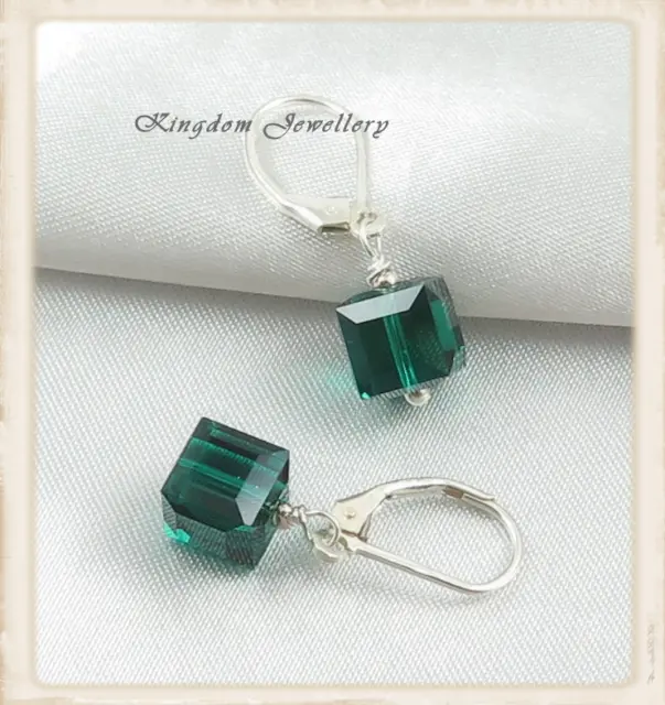 925 Sterling Silver Made With SWAROVSKI Crystals Cube Emerald Leverback Earrings