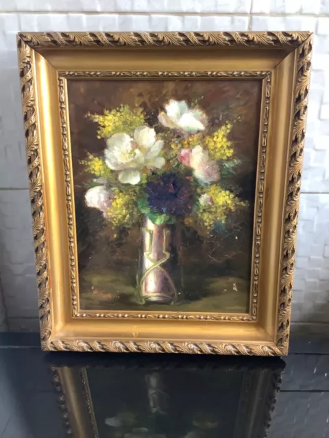 Tableau Ancien Huile Nature Morte Bouquet de Fleurs Signé