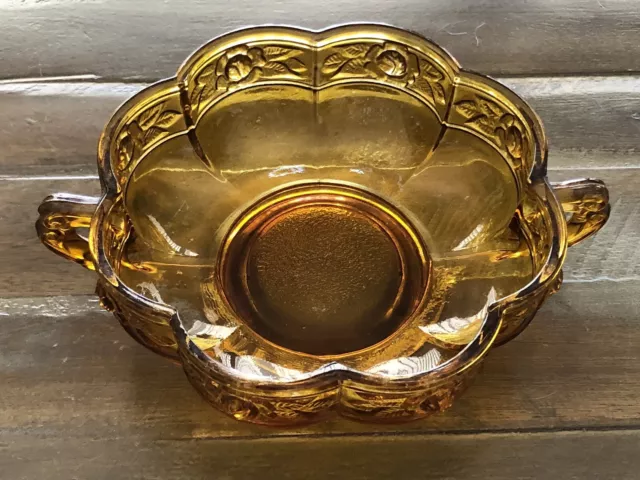 Vintage Amber Glass Bowl Double Handle Scalloped Edge Low Footed