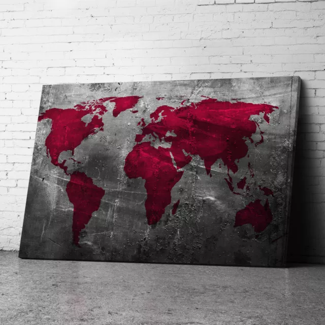 Large Framed Grey Red Map Of World Canvas Prints Wall Art