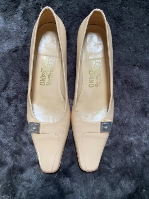 ferragamo shoes,  women, vintage, silver logo, fawn leather, small heel, 8.5B