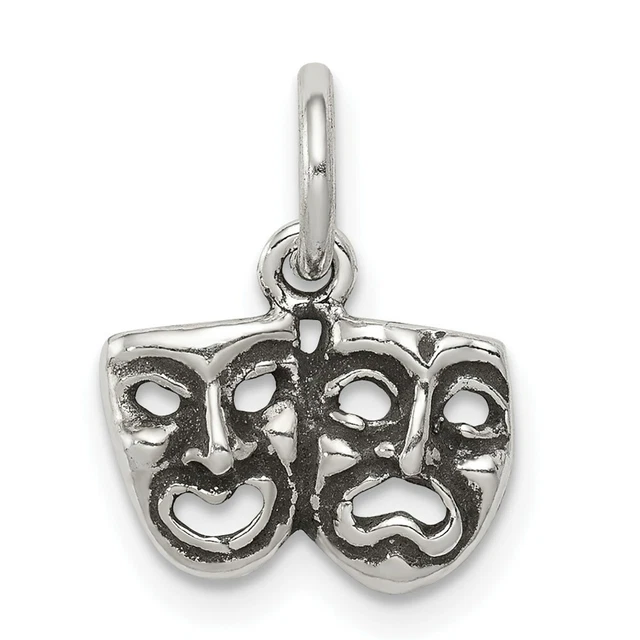 Sterling Silver 925 Antiqued Comedy Tragedy Face Mask Charm Pendant 0.63 Inch