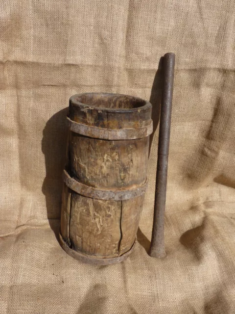 EARLY Antique Wooden MORTAR and Iron PESTLE WROUGHT Iron Bands on Mortar