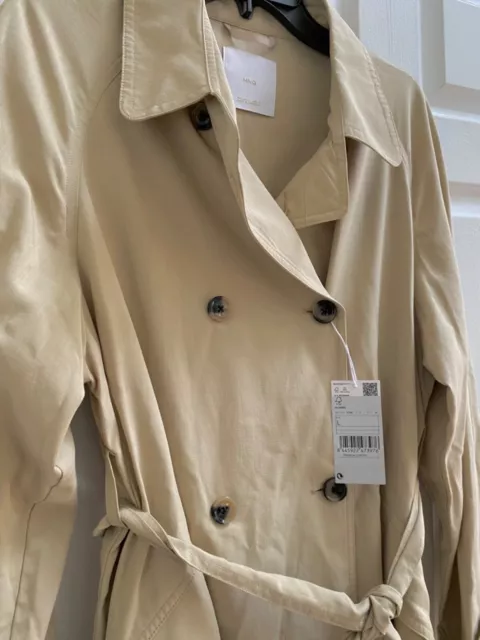 New Mango womens trench coat size Large long length with belt button up