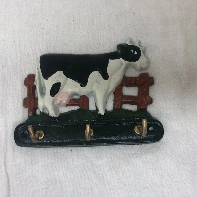 Vintage Cast Iron Barnyard Holstein Cow Key Holder 3 Hooks Wall Mount