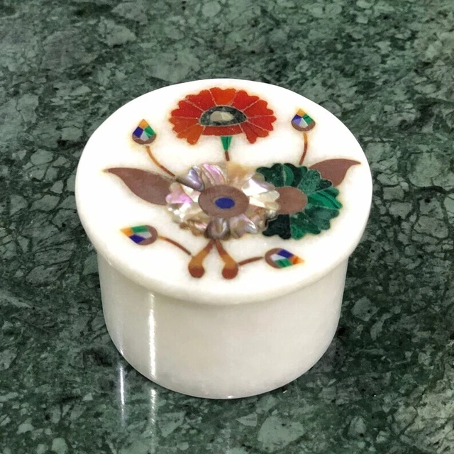 3"x3" White Round Marble Designer Jewelry Box Multi Stone Floral Inlay Art
