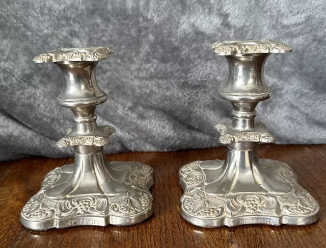 Pair Of Vintage English Silver Plated 5”/14cm Candlesticks - Grape & Leaf Design