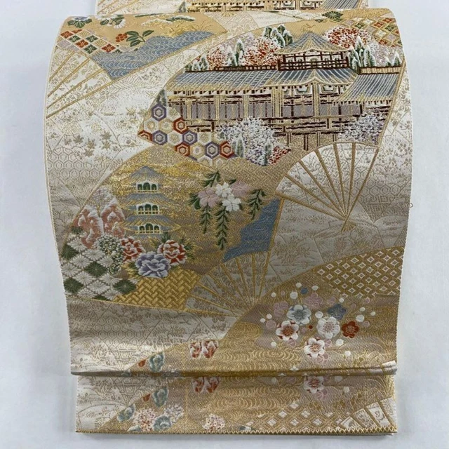 Japanese Kimono Obi Pure Silk Landscape Fan Gold Thread Foil Gold For Formal