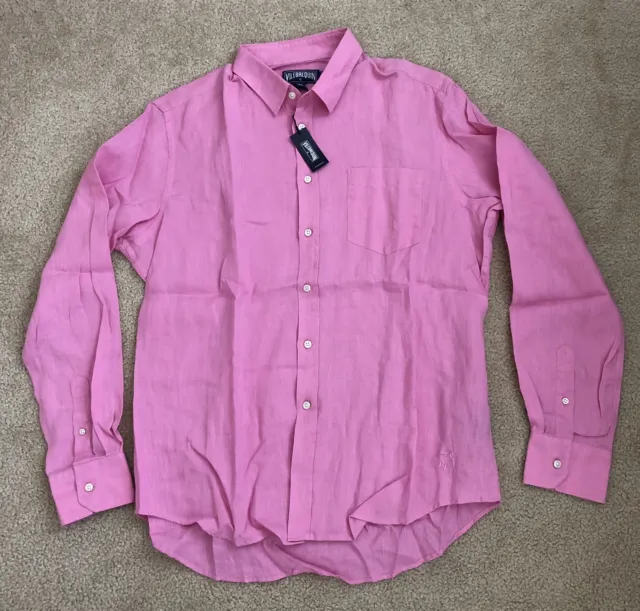 New w Tags Authentic Vilebrequin Long Sleeve Pink 100% Linen Shirt for Men L