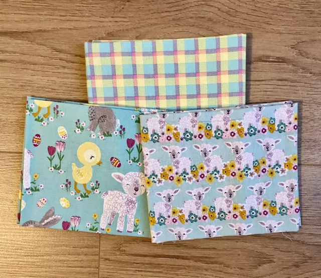 Easter themed 100% cotton fat quaters x 3. Featuring rabbits, lambs and chicks.