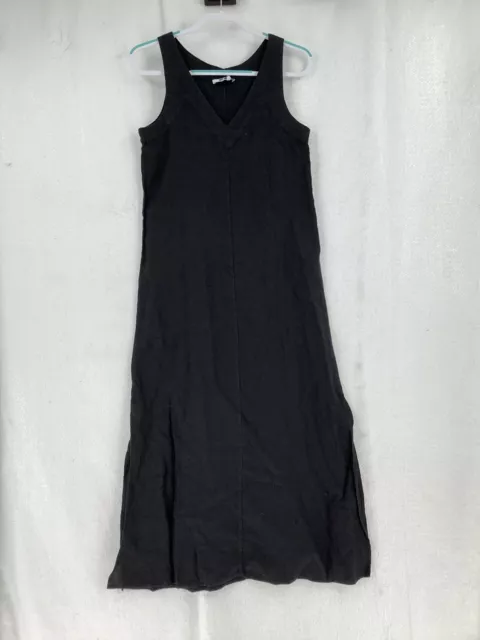 DKNY Pure Linen V-Neck Sleeveless Side Slit Hem Maxi Dress in Black Size XS