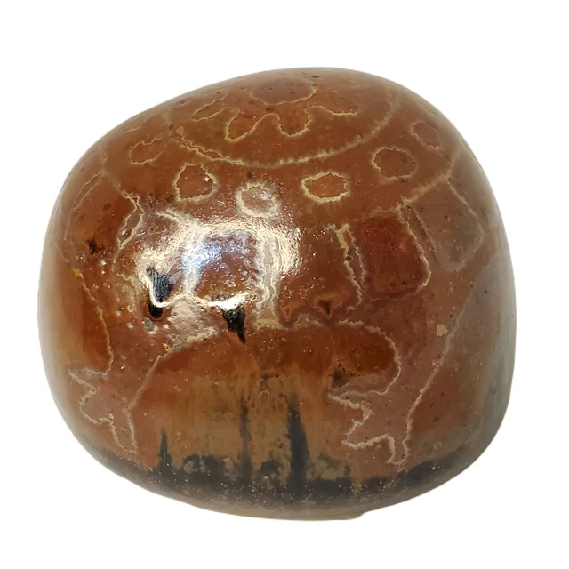 Vintage Art Pottery Signed Stoneware Orb Rattle Paperweight Alien Petroglyphs