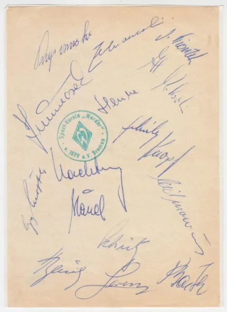 Werder Bremen 16 Autogramme Saison 1960/61 auf einem Autogrammblatt